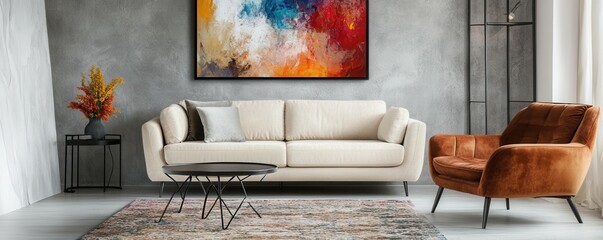 Minimalist, loft home interior design of modern living room with concrete wall, cream sofa, and brown velvet armchair. The space is accented with patterned rug, abstract art, and modern lighting