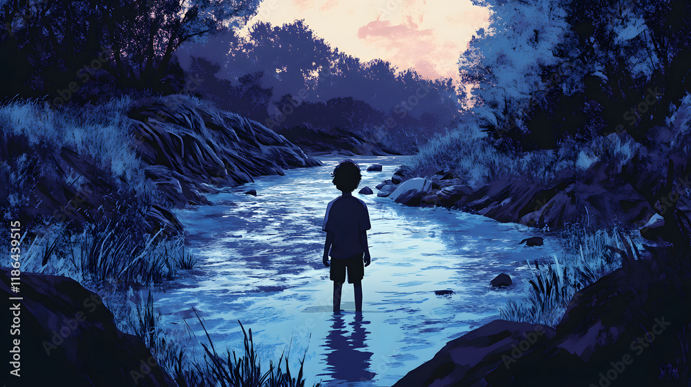 Poster a silhouette of a boy stands in a serene river surrounded by lush greenery, bathed in soft twilight 
