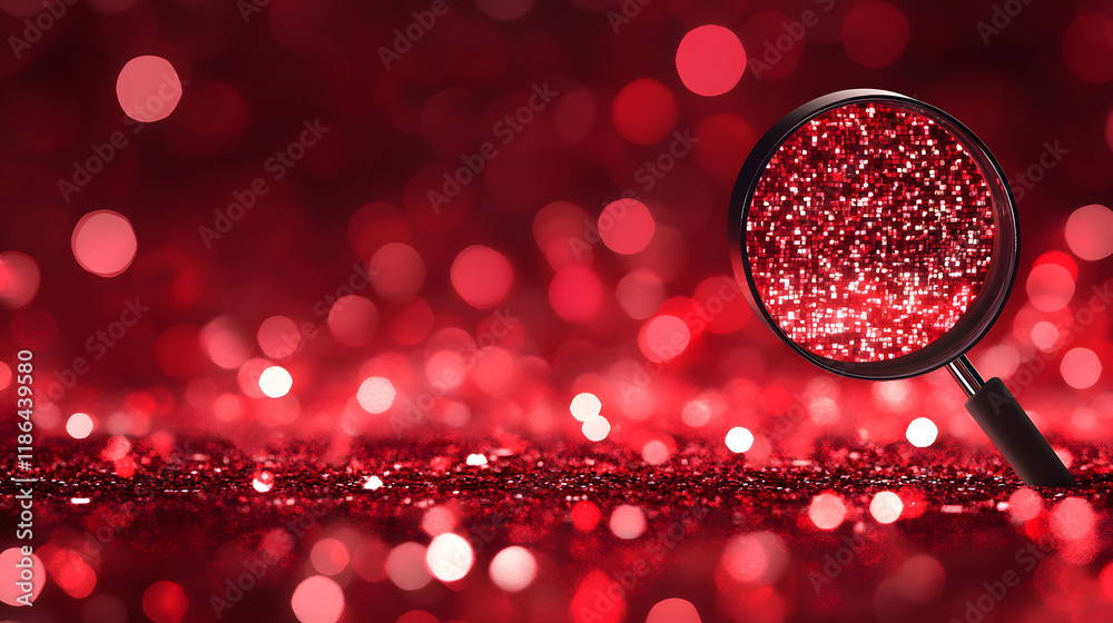 Poster A close-up of sparkling red glitter with a magnifying glass, creating a vibrant and festive atmosphere