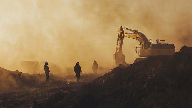 Silhouetted workers observe an excavator amidst dust and haze at a construction site during sunset.