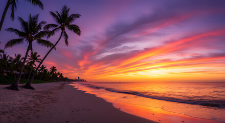Stunning coastal sunset scenery with a picturesque beach backdrop.
