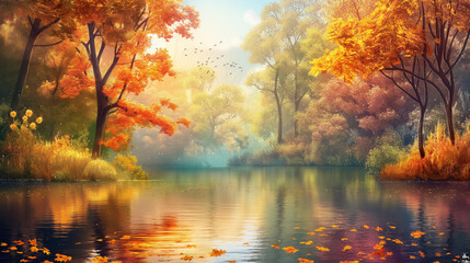 Autumn Nature Landscape: Lake, Bridge, and Golden Forest Pathway with Romantic Views