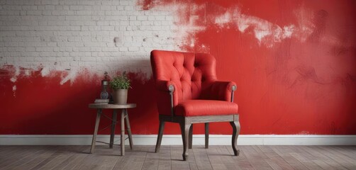 A distressed wooden armchair is placed on a stool against a bold red accent wall with a white brick background , distressed wooden armchair, stool, contrasting colors