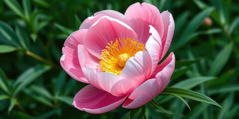 Obraz premium A delicate peony flower with soft pink petals and a golden center set against a lush green background, botanicals, floral arrangement