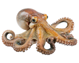 Close-up of an octopus with mottled tan and brown skin against a black background.