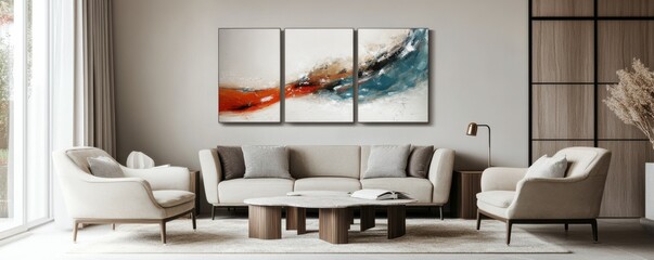 Minimalist, scandinavian home interior design of modern living room with abstract art, beige sofa and armchairs and cozy furniture for a chic yet inviting feel