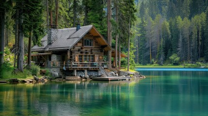 Fototapeta premium A serene lakeside cabin surrounded by lush trees and clear water, perfect for relaxation and nature escape.