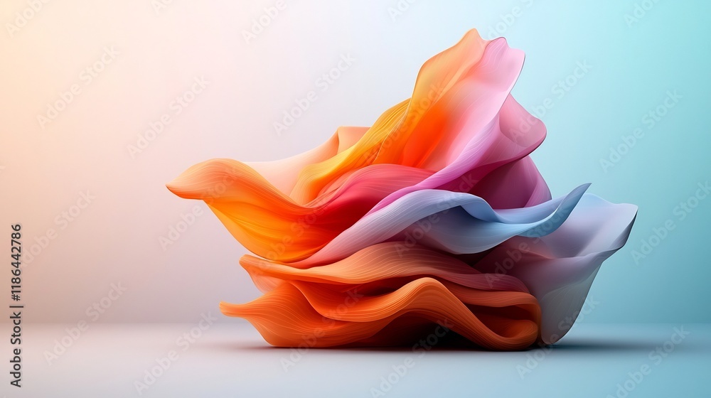 Poster mesmerizing abstract wavy iridescent shape in warm gradient tones with overlapping geometric element