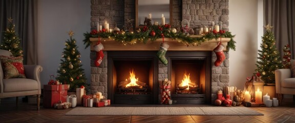 A decorated Christmas mantel with stockings and garlands near a roaring fireplace, mantel, christmas, festive