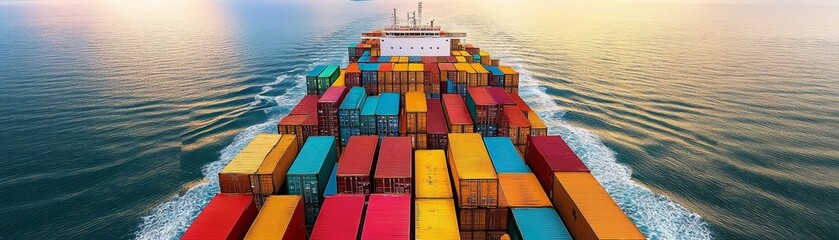 Massive cargo container ship traversing the vast ocean under a clear blue sky