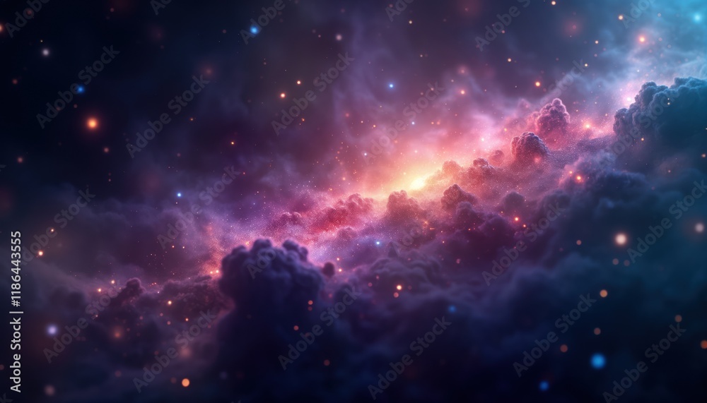 Aufkleber Dark universe view shows glowing nebulae and sparkling stars. Abstract cosmic scene with stardust and distant galaxies. Deep space background illustration.