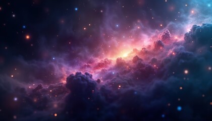 Dark universe view shows glowing nebulae and sparkling stars. Abstract cosmic scene with stardust and distant galaxies. Deep space background illustration.