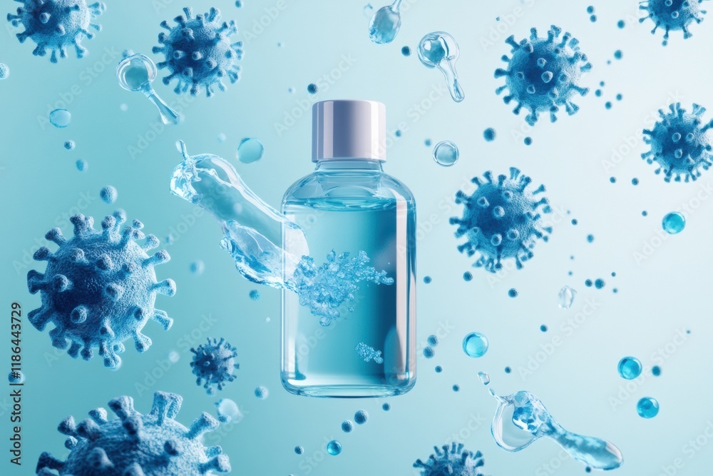 Poster droplets of hand sanitizer work to eliminate harmful bacteria in a clean environment. generative ai