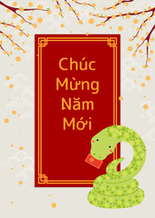 2025 Lunar New Year Tet cute snake, red envelope, yellow apricot blossoms, Vietnamese text Happy New Year. Hand drawn vector illustration. Flat style design. Holiday card, poster, banner concept