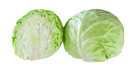 Whole and half green cabbage isolated on white background.