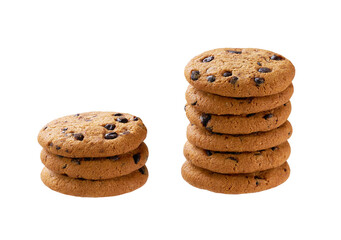 Stack of round chocolate chip cookies isolated on white background.