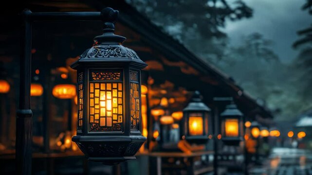 A row of decorative lanterns hanging outside on a rainy evening. Lanterns made of dark metal with an openwork finish, inside of which warm, yellow lights are burning.