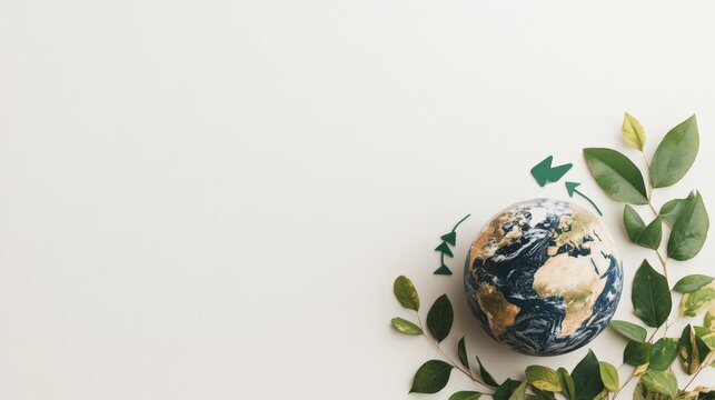 Green paper arrows rotating around a small globe symbolize eco friendly practices and sustainable initiatives promoting environmental conservation and a greener future for planet earth
