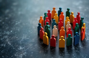 Colorful wooden figurines of people stand in circle on dark surface. Diversity, equality concept. Diverse group of people. Various colours represent different cultures. Teamwork, inclusion concept.