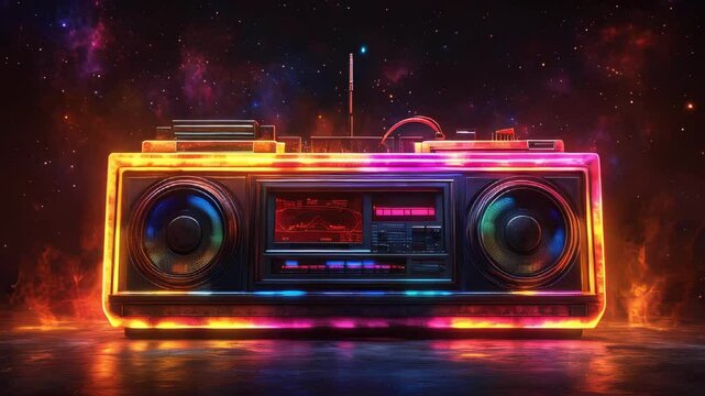The retro boombox has a metal body with scuffs that mimic aging, and is illuminated with neon lights of different colors (pink, orange, blue).