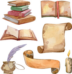Watercolor hand painted Book set. Magic, school of magic, Magic school. Illustration isolated on white background. Use it for postcards, invitations, and scrapbooking.