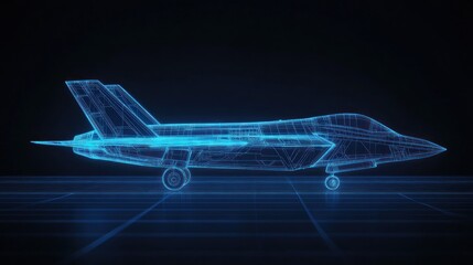 side view,us military stealth aircraft,wireframe glowing blue