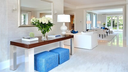 Elegant Modern Entryway with Console Table  Blue Ottomans   White Sofa