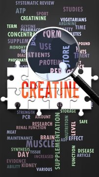 Creatine under magnifying glass, being researched, studied and examined. Most important subjects and ideas closely related to creatine written around a puzzle.