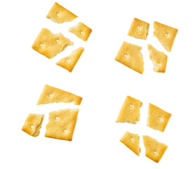 Broken square crackers isolated on white background, top view.