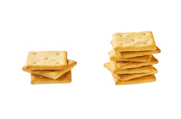 Stack of square crackers isolated on white background. Crackers placed on top of each other on a white background.