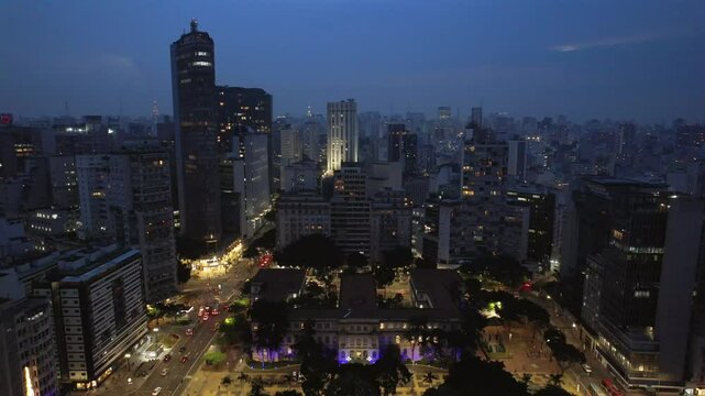 Aerial night view of Republica square, in Republica neighborhood, downtown Sao Paulo, Brazil, during a sunset time.
