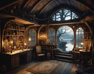 Obraz premium Fantasy art of the interior of the glowing treehouse, showcasing a cozy, warmly-lit room with antique furniture