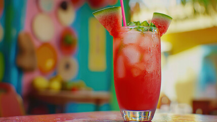 A glass of refreshing watermelon agua fresca filled with chunks of juicy watermelon and mint leaves, set against a vibrant Mexican market with colorful stalls, exuding a lively atmosphere.