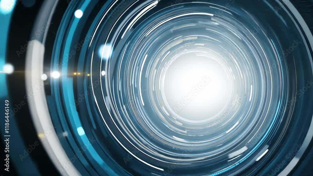 Poster futuristic visuals show a glowing vortex with intricate patterns and bright light against a dark bac