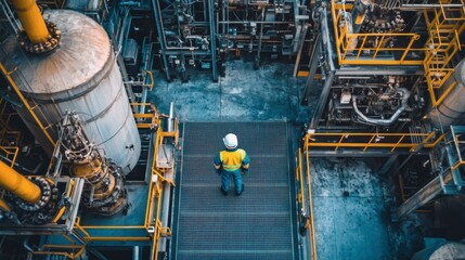 Industrial Engineer Inspection: An aerial view of a lone worker in protective gear inspecting complex machinery and pipelines at an industrial facility.