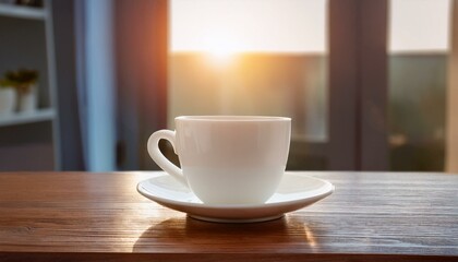 Obraz premium A plain white coffee cup sitting on a polished wooden table, surrounded by negative space, w 