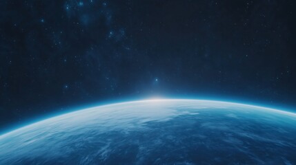 Blue Sunrise View of Earth from Space with Realistic Atmosphere and Celestial Stars Capturing Cosmic Beauty, Ideal for Science Fiction Themes and Astronomy Enthusiasts