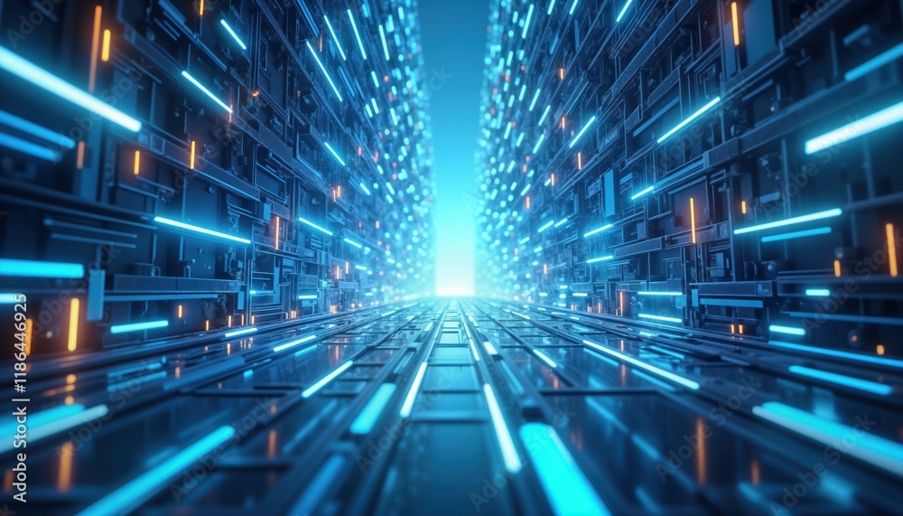 Aufkleber Futuristic tech tunnel glows with vibrant blue, orange lights. Abstract pattern of interconnected geometric shapes creates dynamic flow. Complex system of lines, glowing elements suggests advanced