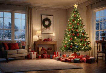 A beautifully decorated Christmas tree with ornaments and lights in a living room, wooden furniture, winter wonderland, home interior