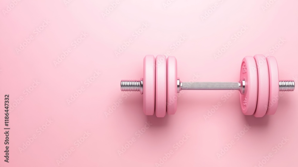 Poster Pink dumbbell lying horizontally on a matching pink background, creating a vibrant and stylish image representing fitness, exercise, and a healthy lifestyle