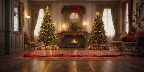 A beautifully decorated Christmas tree sits on a wooden floor with golden accents and crimson ribbons, christmas tree, decoration, holiday