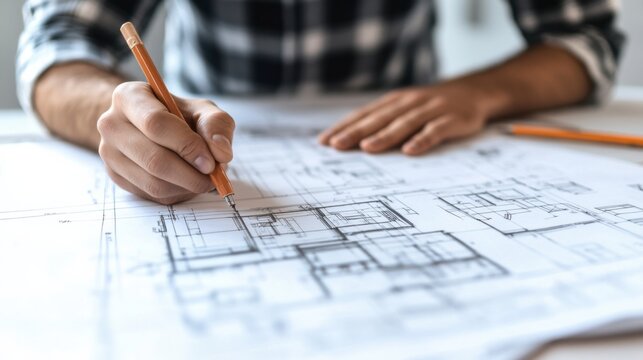 Architectural Vision: A close-up image of an architect's hand meticulously drawing plans for a new construction project with a pencil.