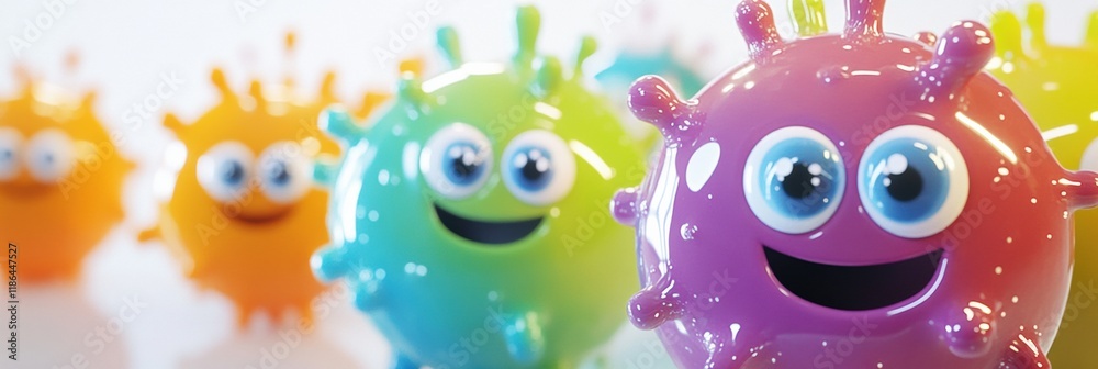 Poster Cheerful colorful microbes with eyes and smiles expressing joy in a vibrant setting. Generative AI