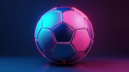 Fototapeta premium Vibrant Neon Soccer Ball in Blue and Pink Glow Against Dark Background