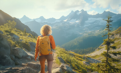 Obraz premium A young woman with curly blonde hair, wearing an orange jacket and a yellow backpack, hikes through a breathtaking alpine landscape with lush greenery and rugged mountains under golden sunlight.