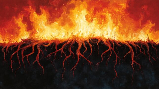 Fiery underground roots symbolizing nature's fierce energy