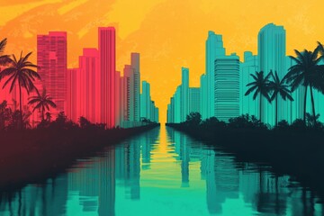 Fototapeta premium Vibrant City Skyline Reflection Over Canal at Sunset Colorful Scene