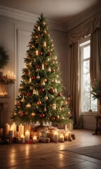 A large Christmas tree in a spacious room with plenty of candles and decorative items , spacious room, giant christmas tree, candlelight