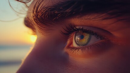 Fototapeta premium Golden Hour Gaze: A Sunset Portrait of an Eye
