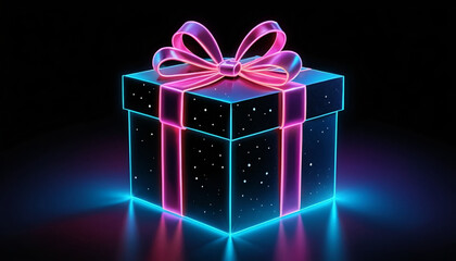 Neon Holographic Gift Box with Glowing Bow - Celebration Symbol for Black Friday Sale, Discounts, and Giveaways